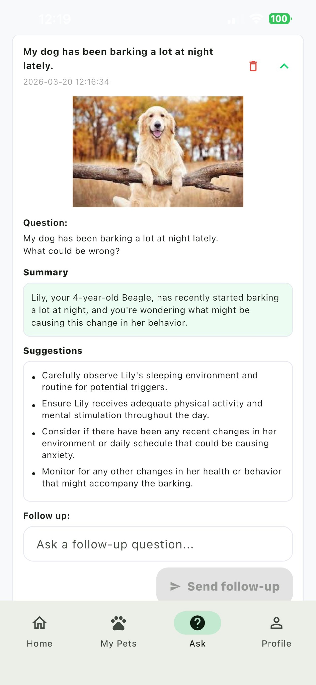 PetPal AI insights screen